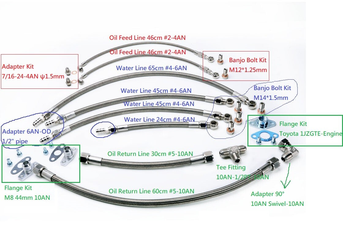Turbo Oil Water Line Kit for TOYOTA 1JZ-GTE 2JZ-GTE w/Garrett T25 T28 Twin Turbo